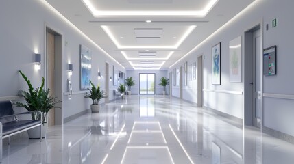 a white hospital hallway, contemporary medical design, with a waiting bench, and open space against a bright wall.