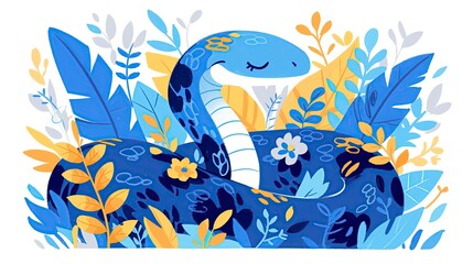 Fototapeta premium Cute snake in blue color with orange leaves, flat illustration