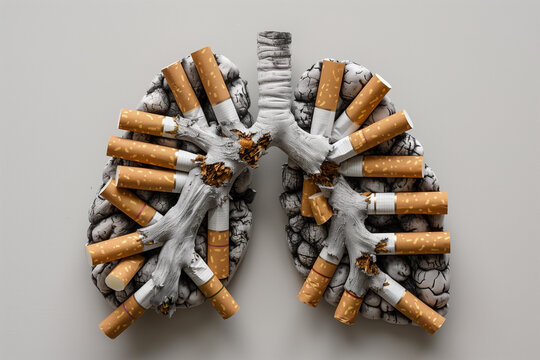 Cigarette-stubbed lungs sculpted in a symbolic health warning. Generative AI image