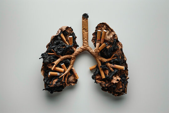 Damaged lung model made from cigarette butts and ashes. Generative AI image