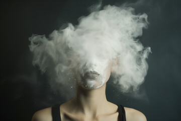 White powder explodes over the female head. Overthinking and chaos in the mind. Mental health concept.
