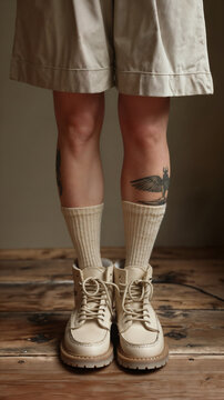 Tan boots with socks and shorts. Generative AI