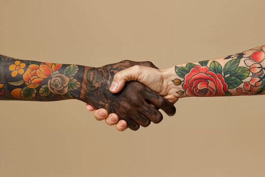 Tattooed hands shaking. Generative AI