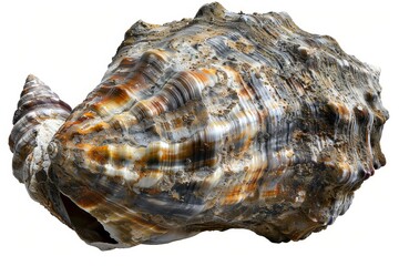 Close-up of a beautiful, textured seashell with rich, vibrant colors and intricate details, isolated on a white background.