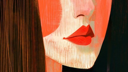 Abstract face illustration with vibrant red lips. Generative AI image