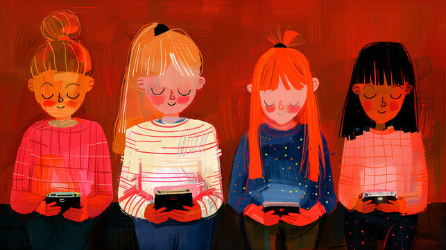 Four young girls engrossed in their smartphones. Generative AI image