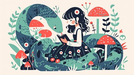 Cute snake in green color with red mushrooms, flat illustration