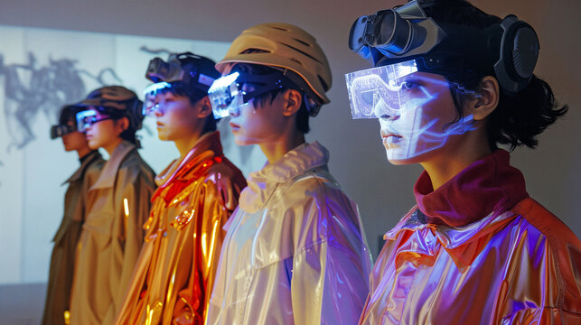 Fashion models showcasing innovative futuristic fashion with VR headsets