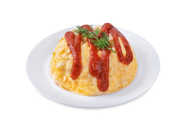 Omurice with ketchup sauce in a plate on a white isolated background