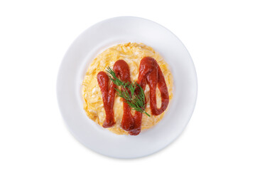 Omurice with ketchup sauce in a plate on a white isolated background