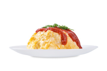 Omurice with ketchup sauce in a plate on a white isolated background