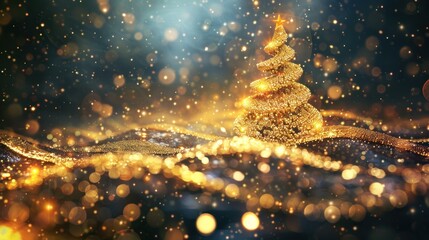 Naklejka premium Illustration of a Golden Christmas Tree on Christmas Eve with an Abstract background. Ai generated image