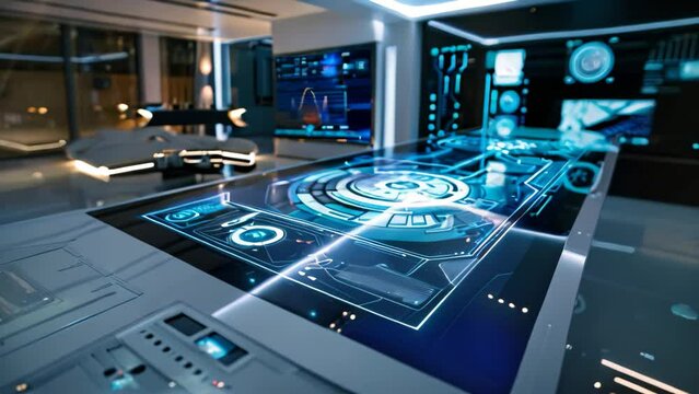 A futuristic room featuring a large display of advanced electronic devices, Advanced technology integrated seamlessly into the design