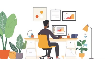 Flat design remote team interaction with video conference, isolated on white background, connected and modern, highresolution, copy space