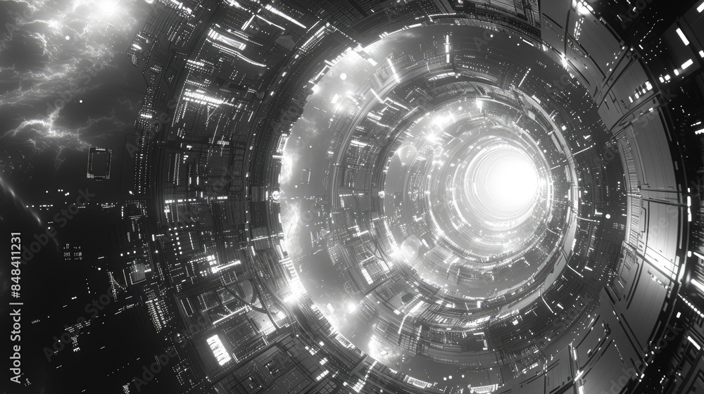 Poster the image is a black and white rendering of a futuristic tunnel with a bright light at the end.