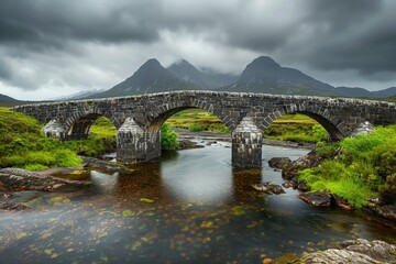 Beautiful stone bridge at Sligachan on Skye island in Scotland, with its two arches