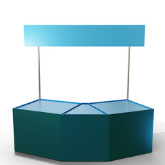 ROUND SALES COUNTER, exhibition stall for business trade fair, product presentation (blue) (frontal)