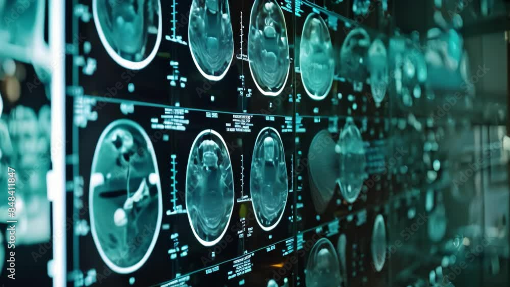 Poster a room filled with a vast array of mri videos for medical analysis, ai algorithms analyzing medical 