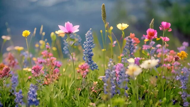 A field of colorful wild flowers with towering mountains in the distant background, Alpine meadows dotted with vibrant wildflowers