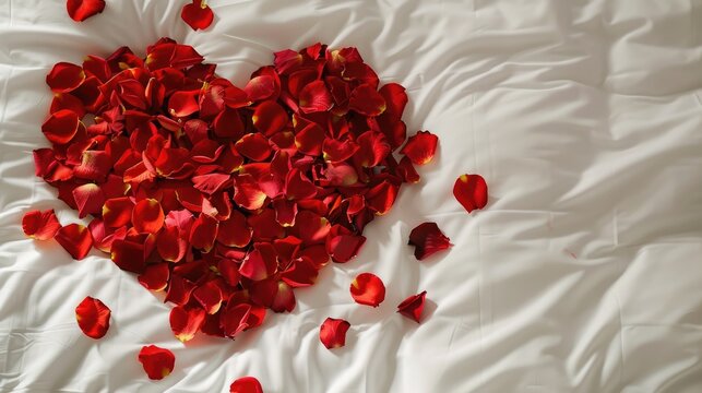 Top view of a heart shape created with rose petals on a bed
