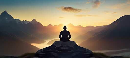 Person in lotus pose, is positioned against the backdrop of towering mountains, concept of inner harmony and balance.