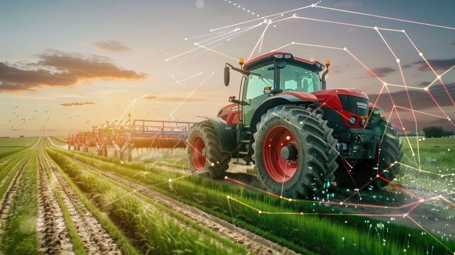 The efficient use of tractors, irrigation, and fertilizers in farming shows the impact of agricultural technology, supported by grants and acts of kindness, leading to better crop yields and