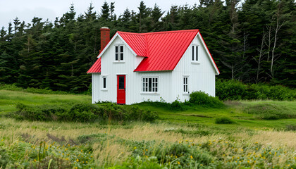 Obraz premium Wide vista of tiny white house with red roof in center of screen