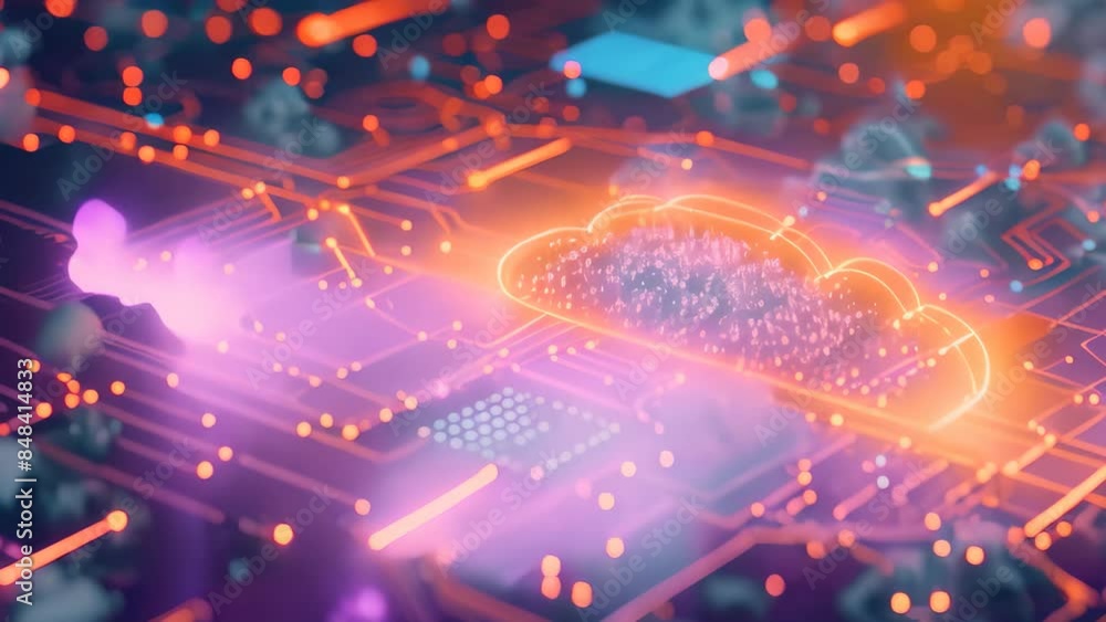 Poster a cloud hovers above a circuit board, showcasing a blend of nature and technology for data encryptio