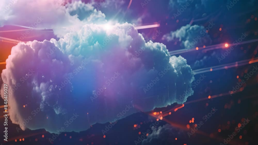 Poster Abstract representation of data encryption, featuring a blue cloud hovering above a network of interconnected orange and blue dots, An abstract representation of data encryption methods