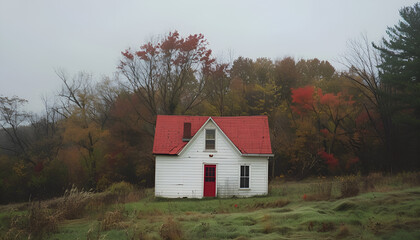 Wide vista of tiny white house with red roof in center of screen