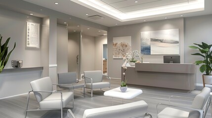 Modern Clinic Waiting Area with Cozy Seating and Informational Displays for IPL Phototherapy