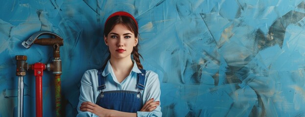 Image description: A female plumber in her 20s is standing in front of a blue wall. She is wearing a red bandana, denim overalls, and a confident expression. She has her arms crossed and is looking at