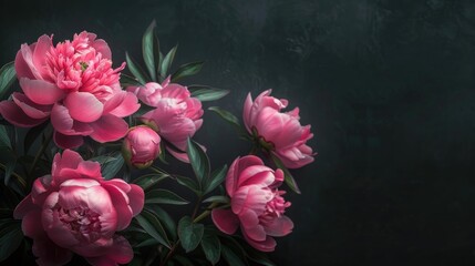 Elegant peonies blooming on a dark backdrop for Mother s Day and birthday celebration