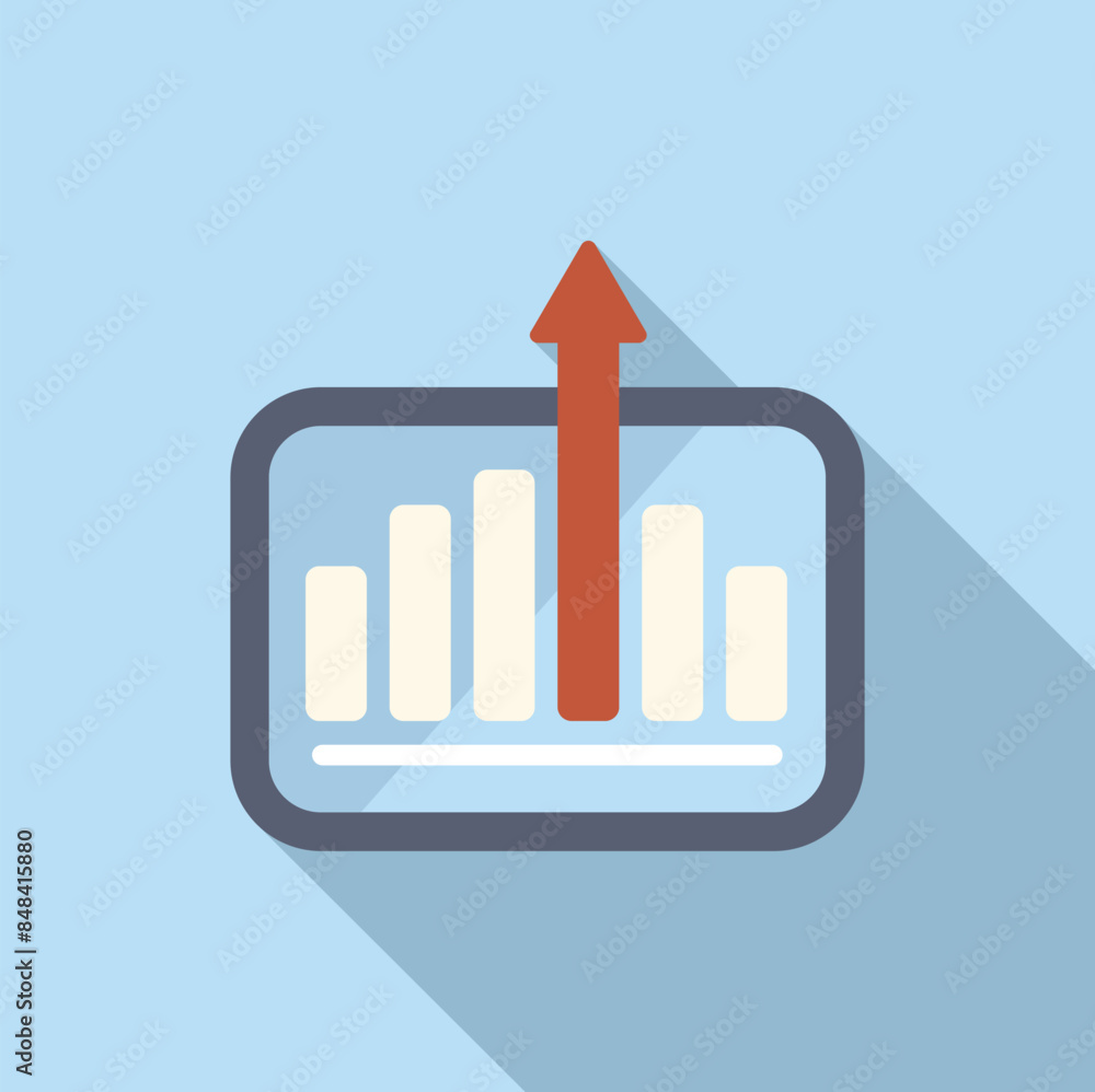 Poster flat design illustration of a tablet displaying a financial graph with a red arrow pointing up, symb