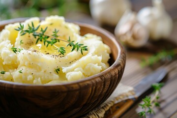 Close-up of a bowl of creamy mashed potatoes topped with fresh thyme and garlic butter