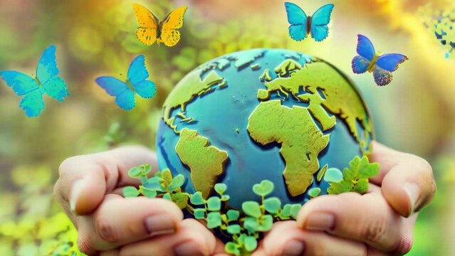 A person is happily holding a globe in their hands while butterflies fly around them