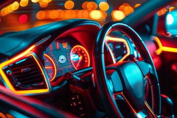 A close-up of a cars dashboard illuminated by vibrant neon lights, creating a futuristic atmosphere