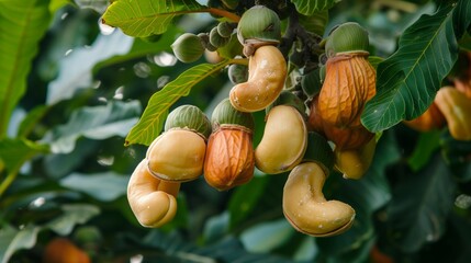 Obraz premium Ripe cashew nuts on a cashew tree in the sunshine