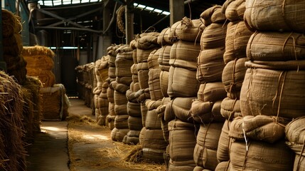 Raw Jute Bundles in Industrial Setting Brown and Green