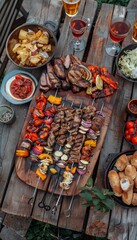Fototapeta premium Rustic Ketogenic BBQ with Grilled Meats, Vegetable Skewers, and Keto-Friendly Sides for Outdoor Dining