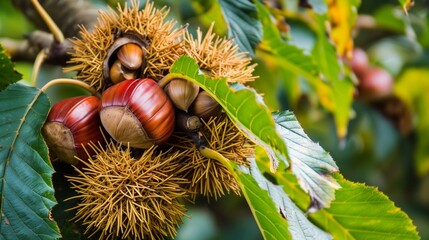 Ripe Chestnuts on Chestnut Tree in Autumn