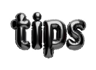 Photo with inflatable black letters "tips". Minimalistic balloon lettering isolated on a transparent background
