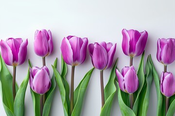 A group of purple tulips on a white surface