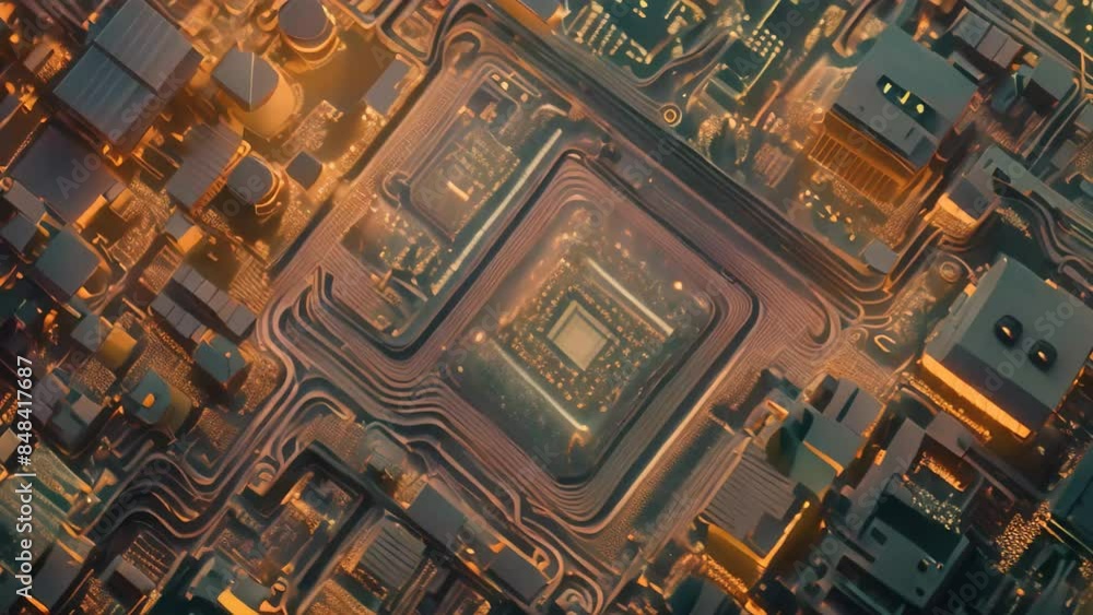 Poster a computer-generated cityscape illuminated by artificial lights at night, an abstract representation