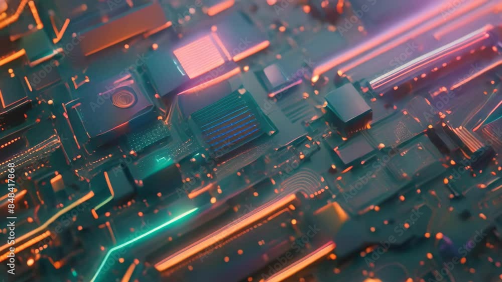 Poster detailed close-up of a computer motherboard showing circuits, transistors, capacitors, and other ele