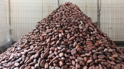 Raw Cocoa Beans Piled in Chocolate Factory Storage