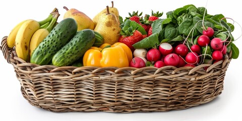 Colorful wicker basket filled with a variety of fresh fruits and vegetables, including bananas, cucumbers, spinach, and radishes, white background