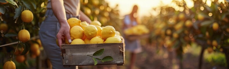 Person Placing Lemons Into Wooden Crate at a Lemon Orchard During Golden Hour