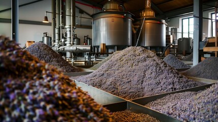 Purple lavender harvest at oil distillery