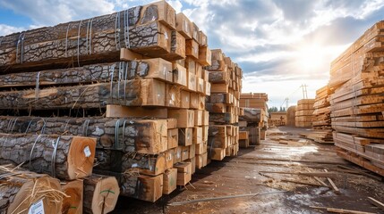 Unprocessed Timber Stacks in Lumberyard